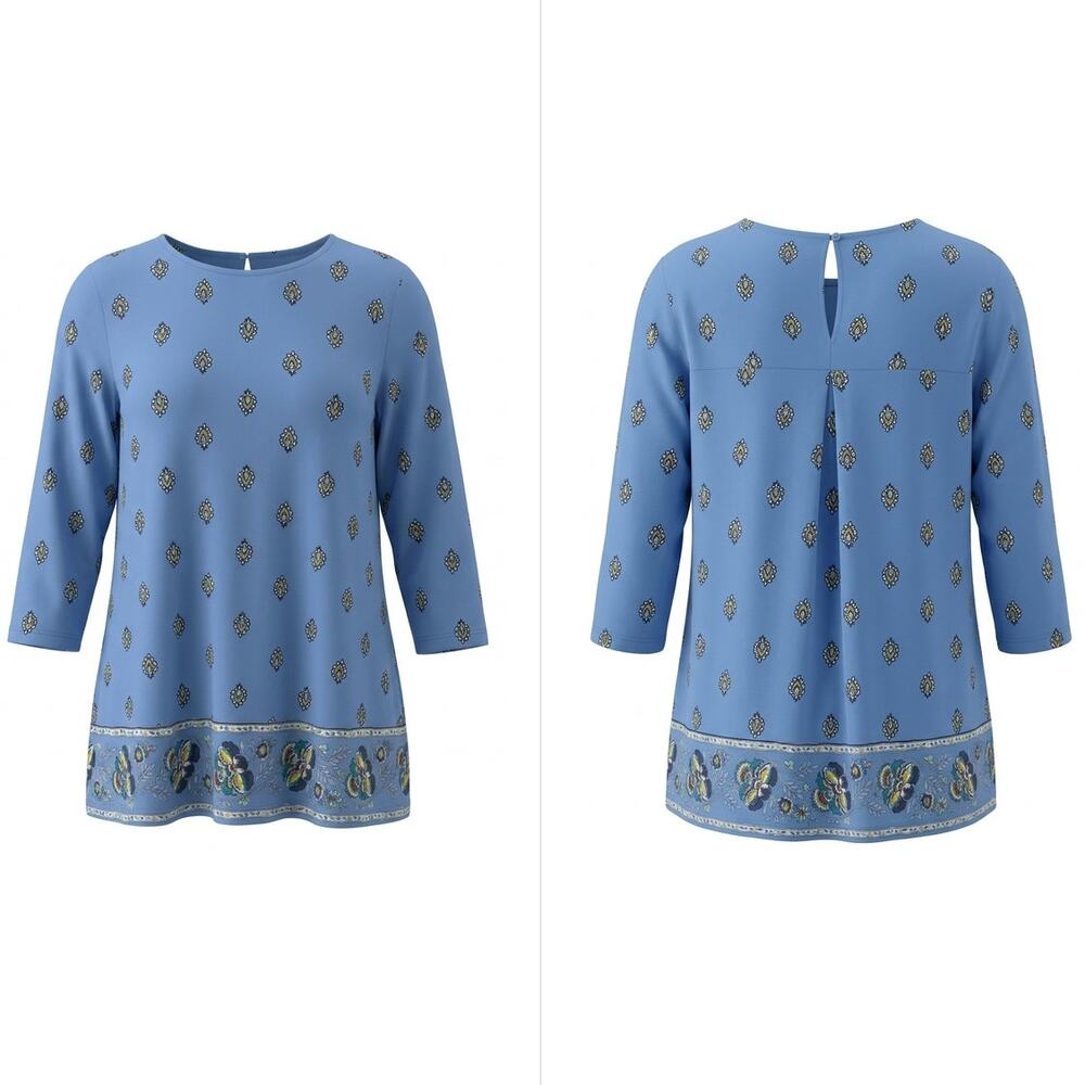J.Jill Wearever Blue Geometric Print 3/4 Sleeve Knit Top Women Size M
